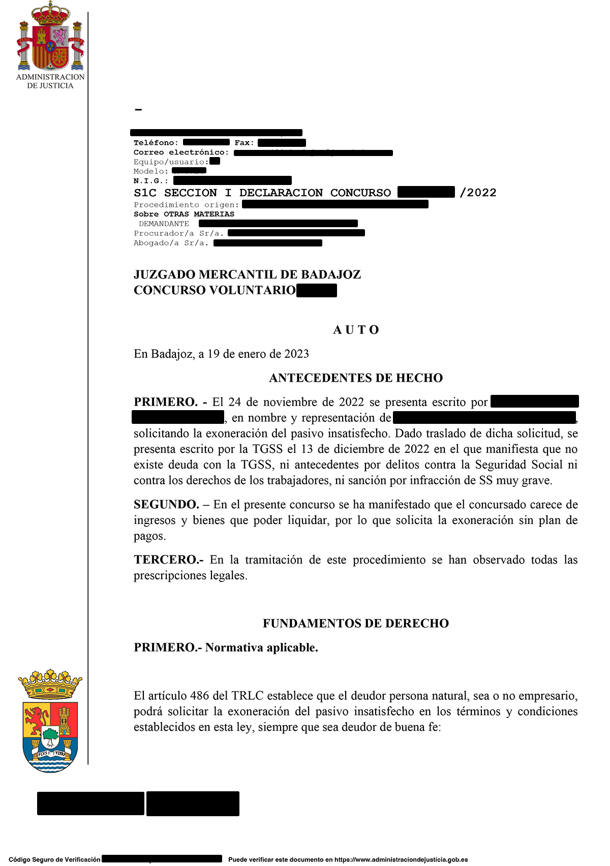 Cancelación de una deuda de 67.685,89€ en el Jdo. de lo Mercantil de Badajoz.