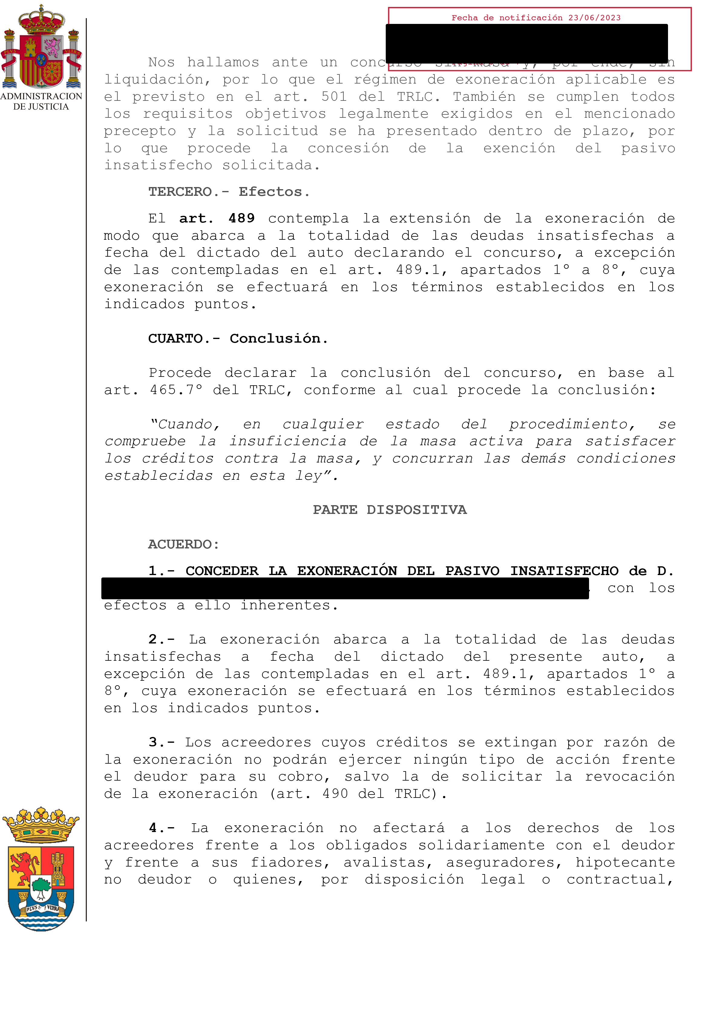 Cancelación de una deuda de 55.297,34€ en el Juzgado de lo Mercantil N. 2 de Badajoz con Sede en Mérida.