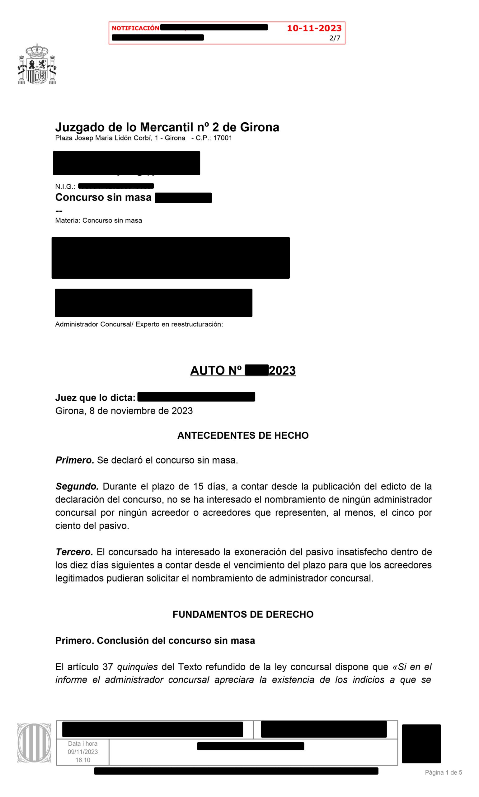 Cancelación de una deuda de 83.431,43€ en el Juzgado de lo Mercantil N.2 de Girona.