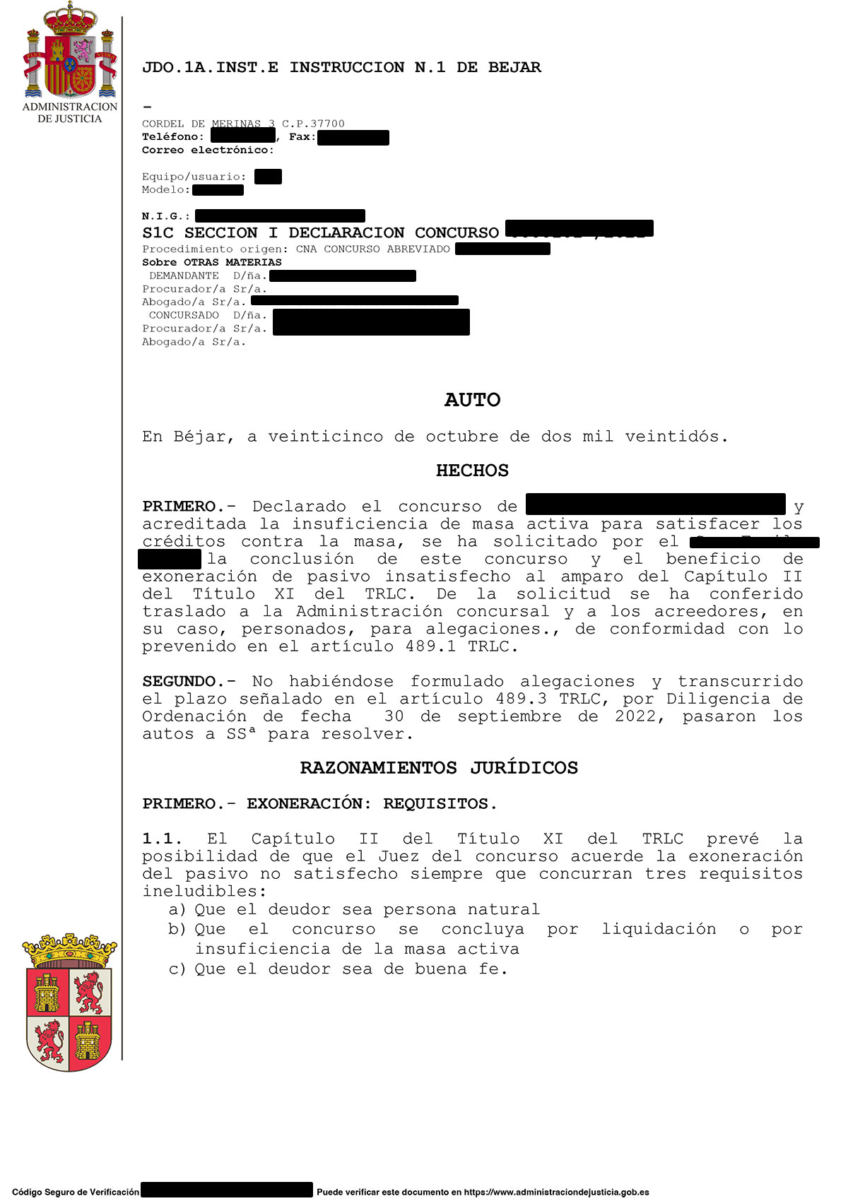 Cancelación de una deuda de 52.714,49€ en el Juzgado de Primera Instancia e Instrucción nº 1 de Béjar