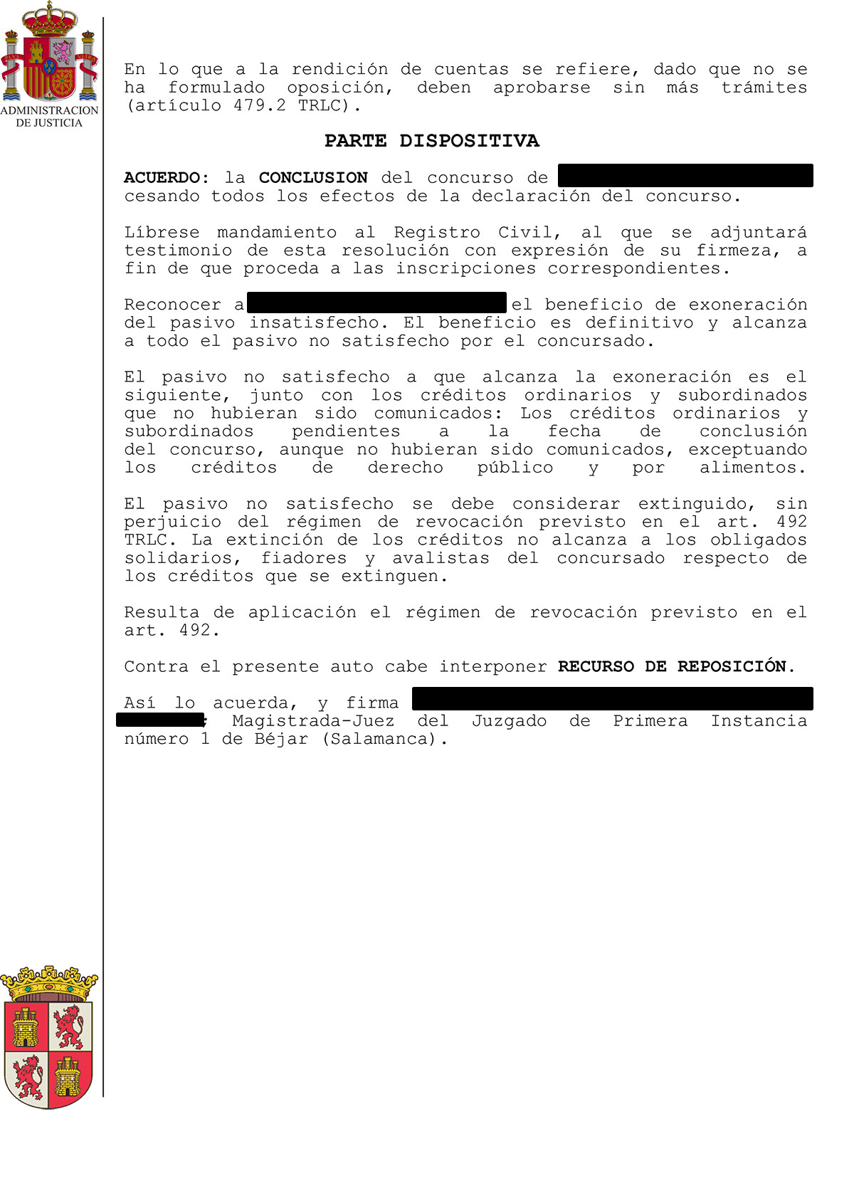 Cancelación de una deuda de 52.714,49€ en el Juzgado de Primera Instancia e Instrucción nº 1 de Béjar
