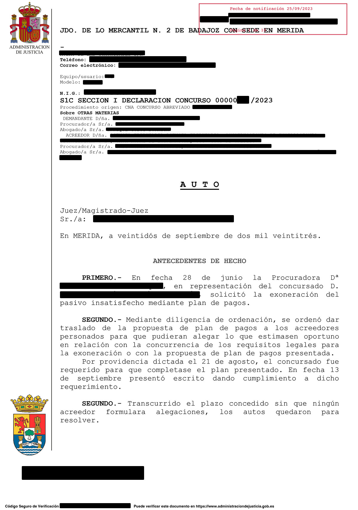 Cancelación de una deuda de 33.595,45€ en el Jdo. de lo Mercantil N.2 de Badajoz con sede en Mérida.
