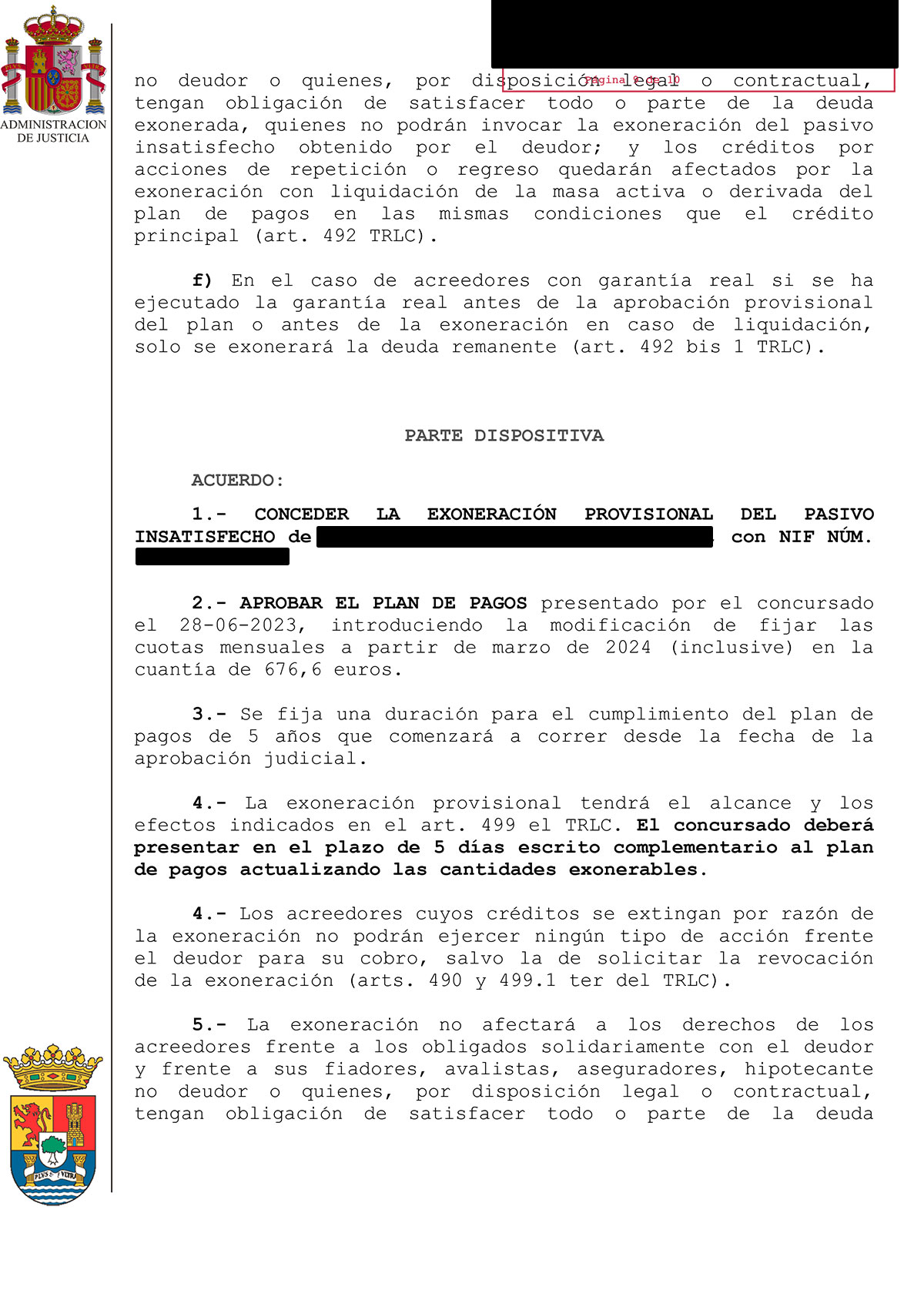 Cancelación de una deuda de 33.595,45€ en el Jdo. de lo Mercantil N.2 de Badajoz con sede en Mérida.