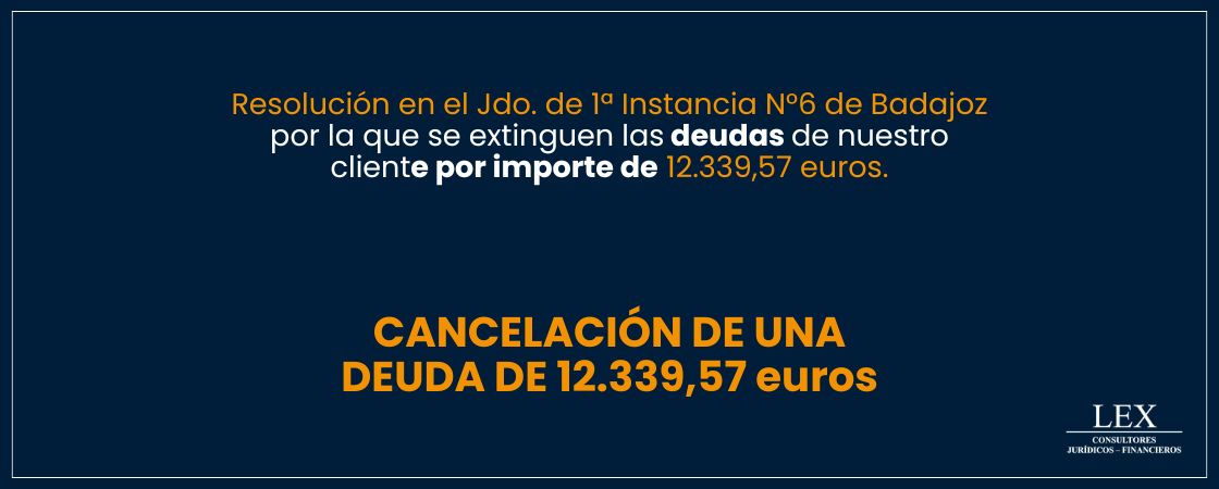 Resolución en el Jdo. de 1ª Instancia N°6 de Badajoz por la que se extinguen las deudas de nuestro cliente por importe de 12.339,57 euros.