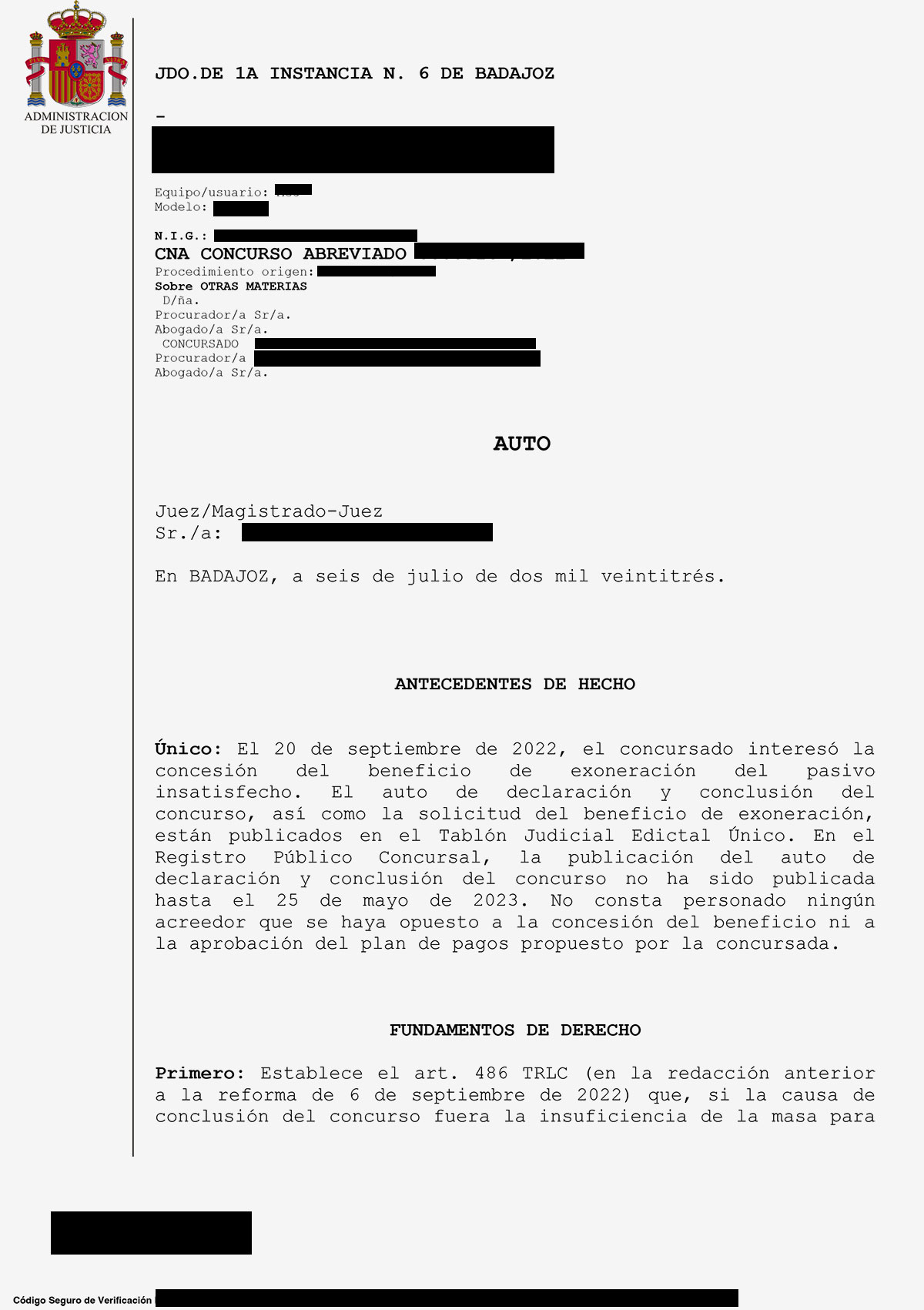 Cancelación de una deuda de 12.339,57€ en el Jdo. de 1ª Instancia N°6 de Badajoz.
