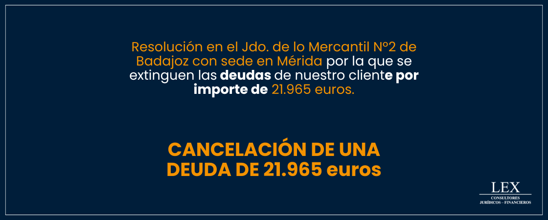 Cancelación de una deuda de 21.965€ en el Jdo. de lo Mercantil Nº2 de Badajoz con sede en Mérida.
