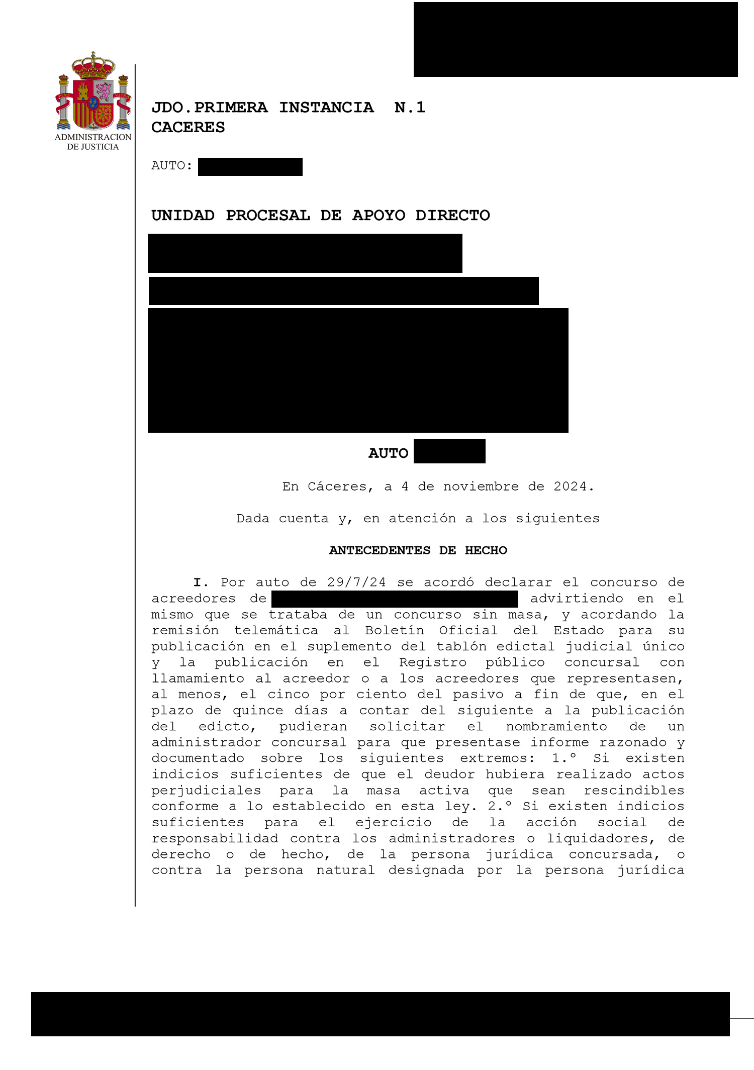 Cancelación de una deuda de 11.506,63€ en el Jdo. de Primera Instancia N.1 de Cáceres.