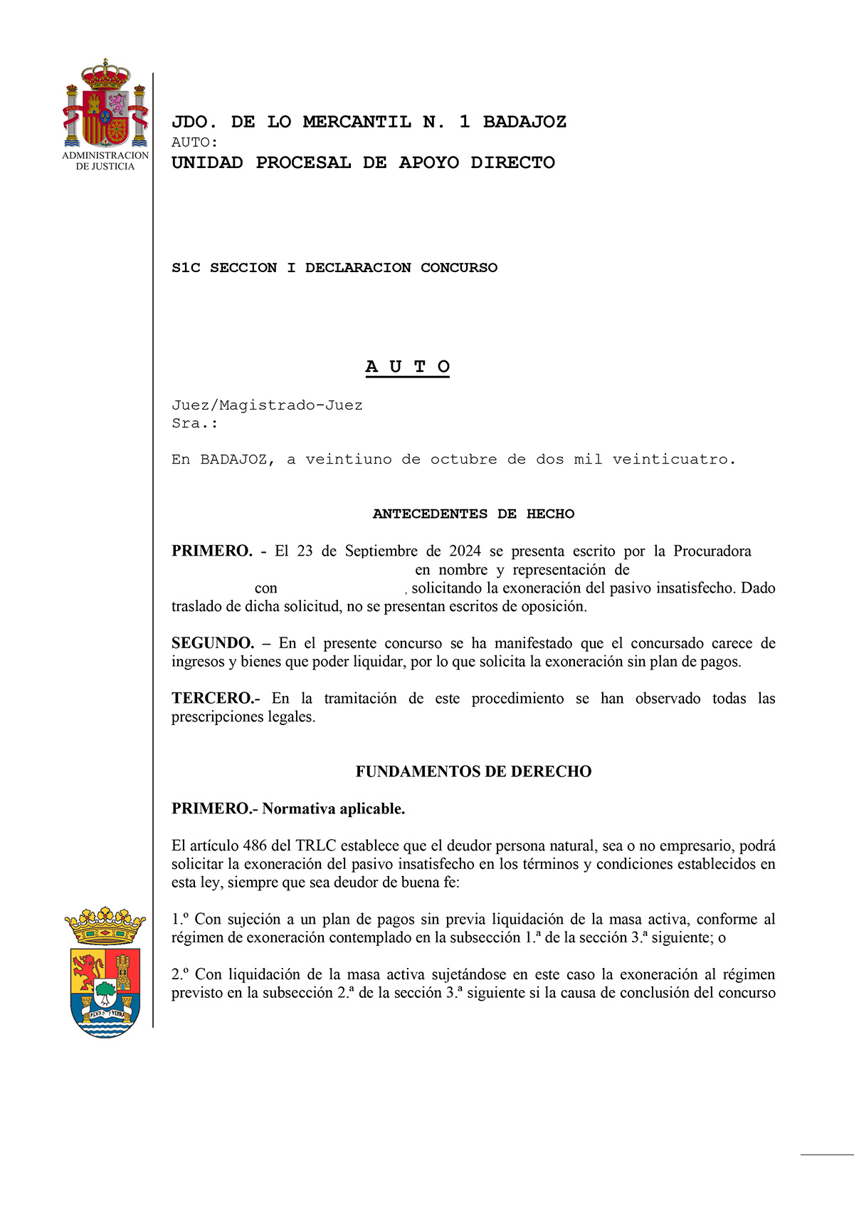 Cancelación de una deuda de 25.332,38€ en el Jdo. de lo Mercantil N.1 de Badajoz.
